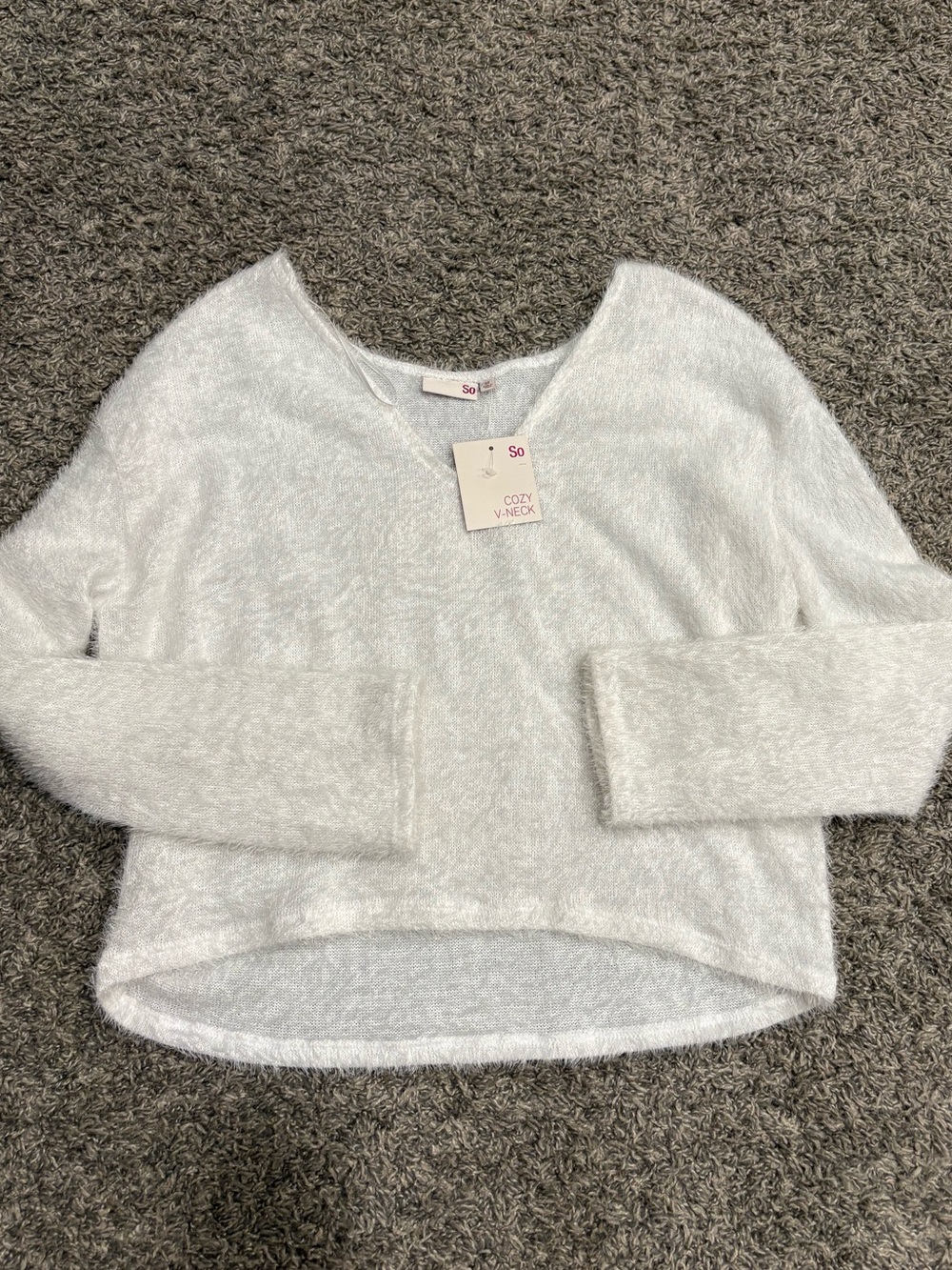 SO Cozy V-Neck Fuzzy Sweater in white